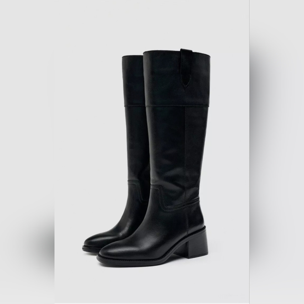 Zara Women's Leather Mid-heel Black Boots Size 41